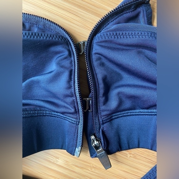 Handful Supportive Zip Clip Front Athletic Workout Running Navy Blue Sports Bra - Picture 5 of 11